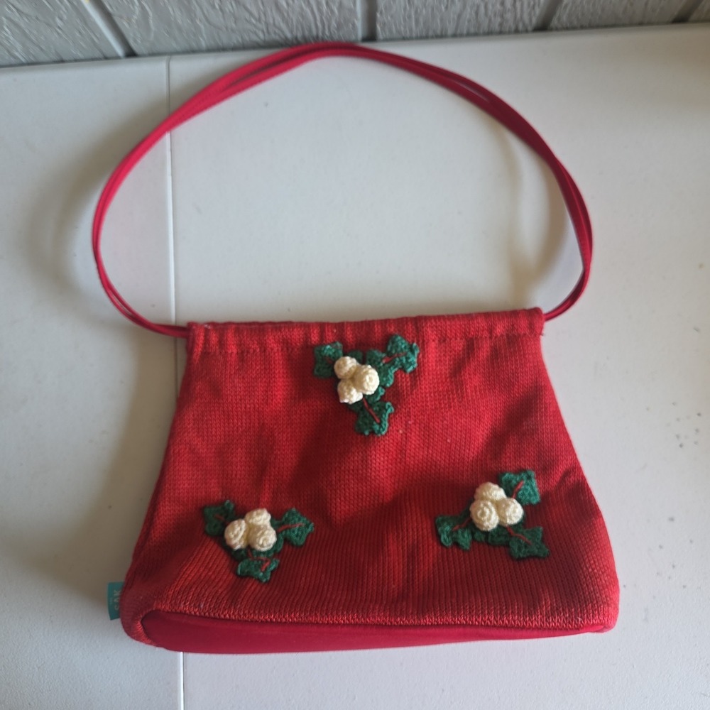 The Sak Knit Embroidery Holiday Shoulder Bag Holly Berries Magnetic Snap Close